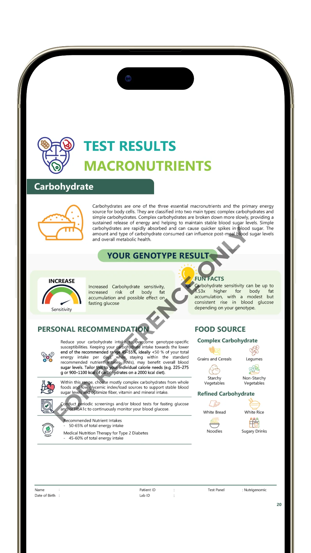 PRECISE Nutrigenomics carbohydrate report page showing genotype result, personal recommendation and food sources